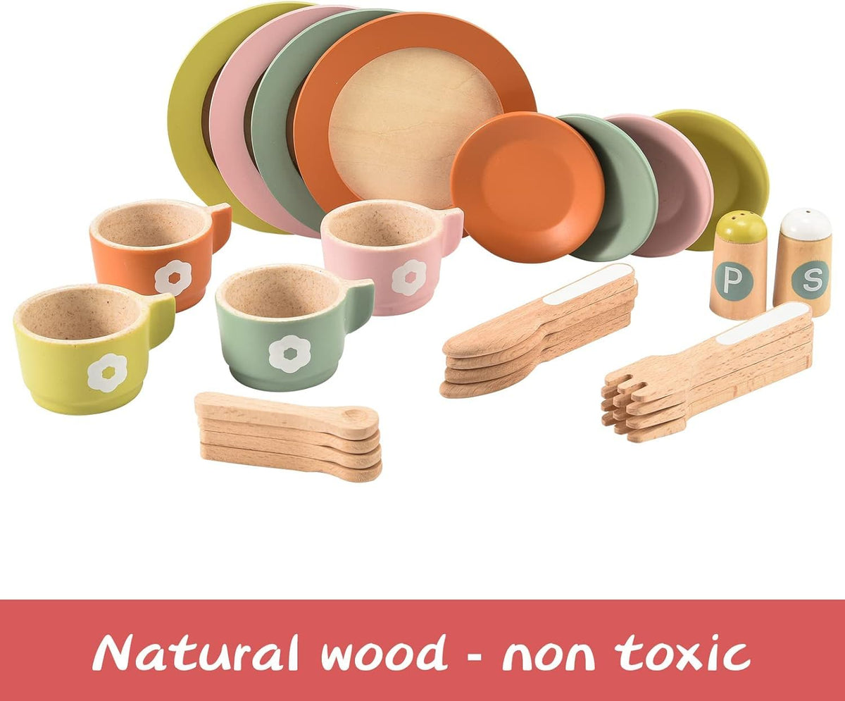 Giant bean wooden knife fork spoon set shown for imaginative kitchen play
