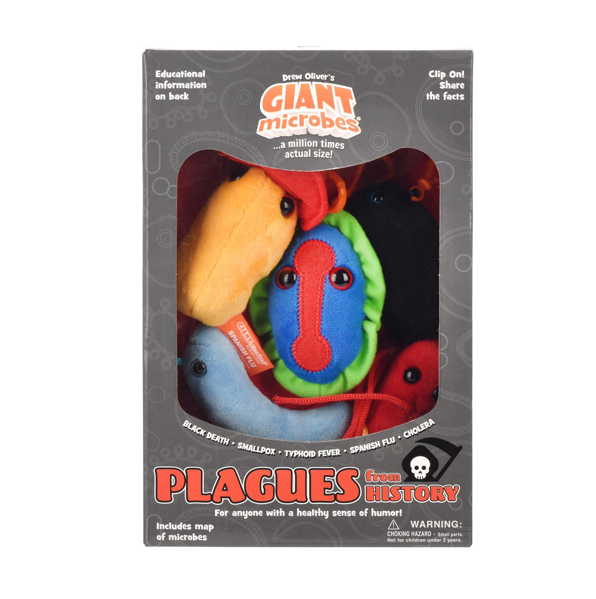 GIANT MICROBES Gift-pack scene with plush keychains for science enthusiasts.