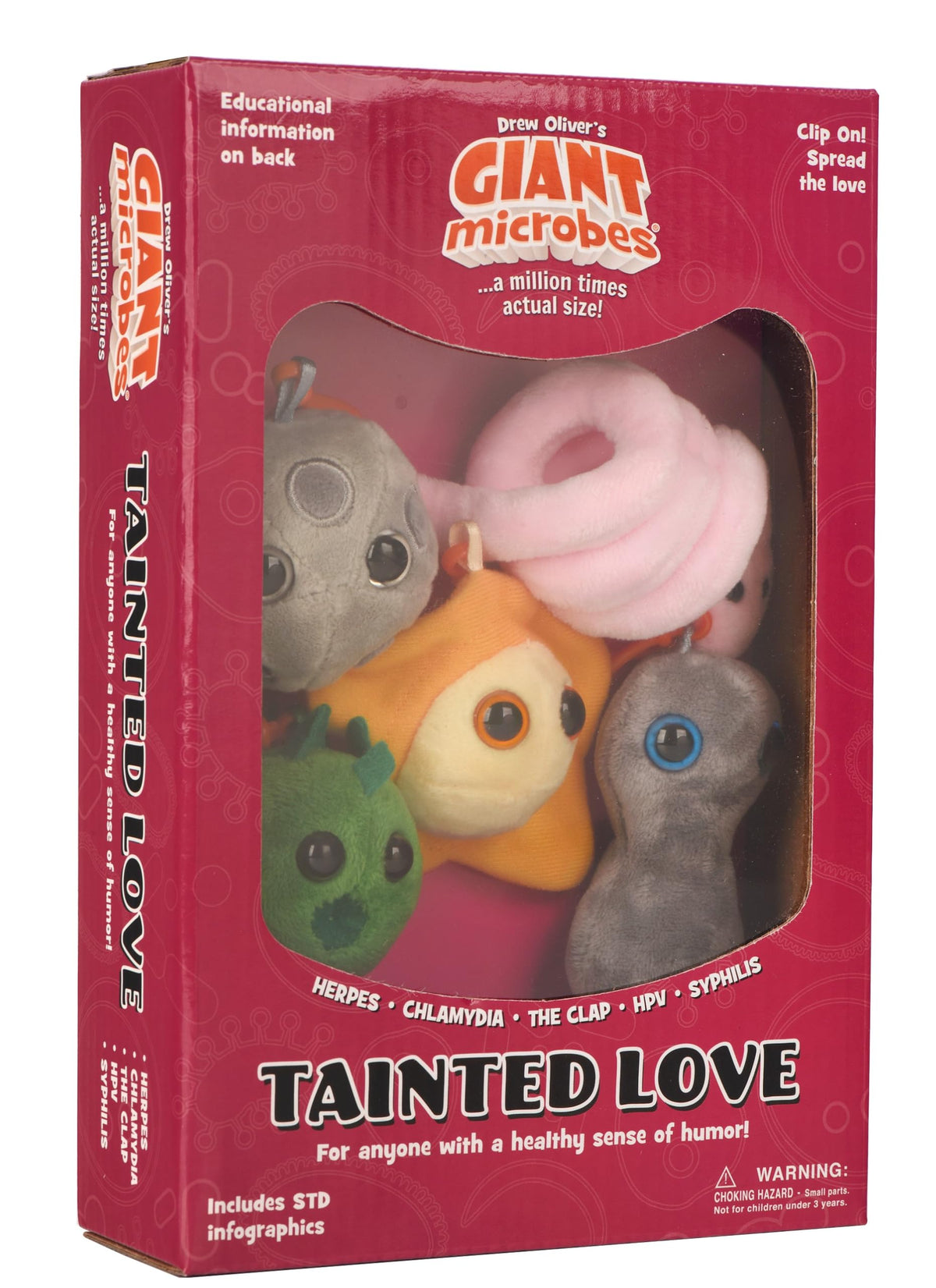 GIANT MICROBES tainted love gift box opened showing five plush keychains for health education