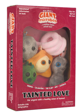 GIANT MICROBES tainted love gift box opened showing five plush keychains for health education