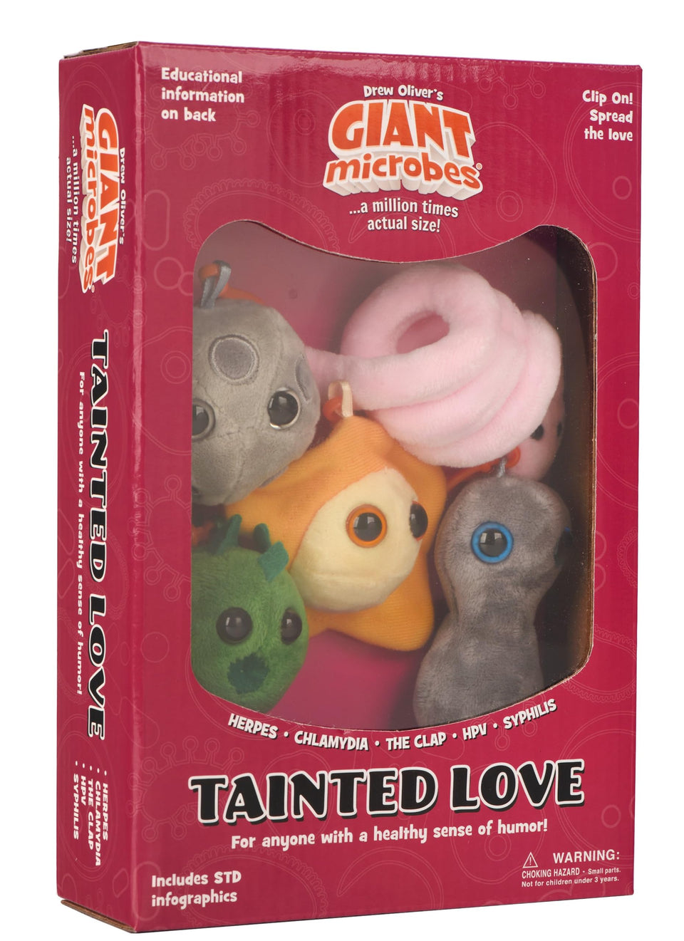 GIANT MICROBES tainted love gift box opened showing five plush keychains for health education
