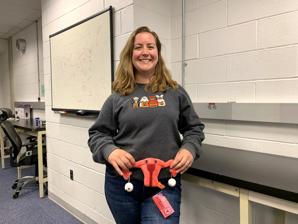 GIANT MICROBES Uterus Plush serves as an educational anatomy model.