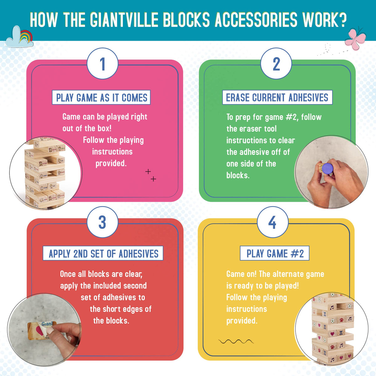 Giantville blocks in action during a lively stacking challenge.