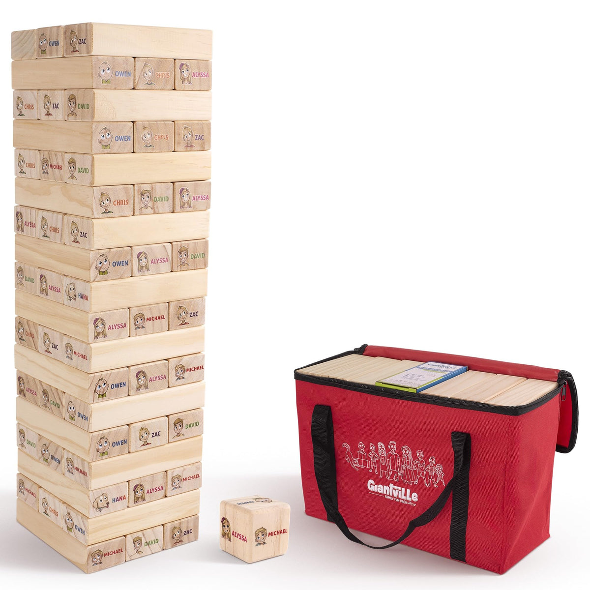 Giantville Giant Tumbling Timber blocks stacked for a dramatic, durable tower game indoors or outdoors.