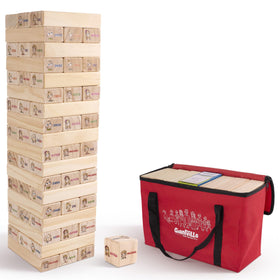 Giantville Giant Tumbling Timber blocks stacked for a dramatic, durable tower game indoors or outdoors.