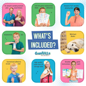 Giantville Giant Tumbling Timber blocks with dice and color adhesives enable endless play variations.