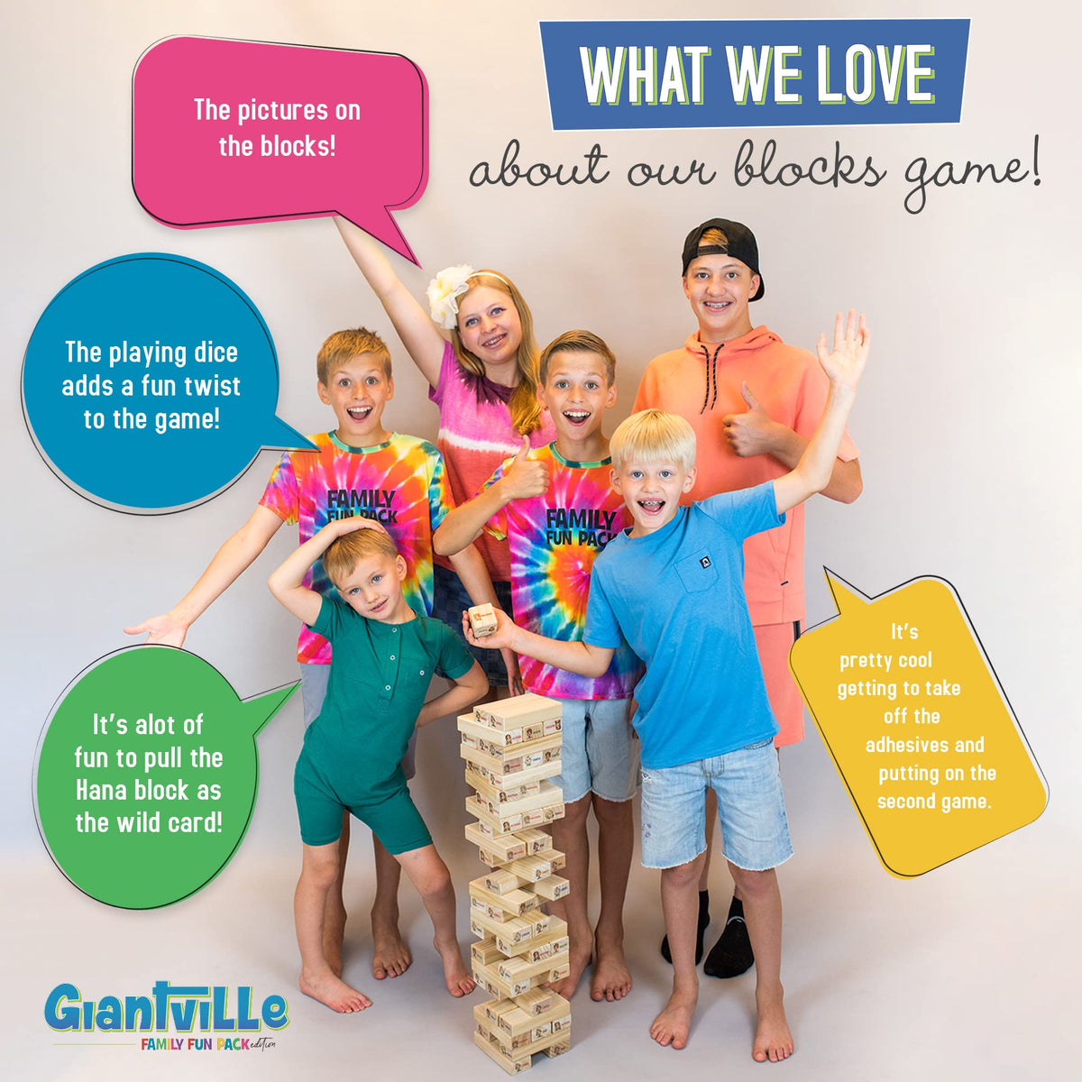 Giantville pine wood blocks with smooth finish for durable, tactile stacking.