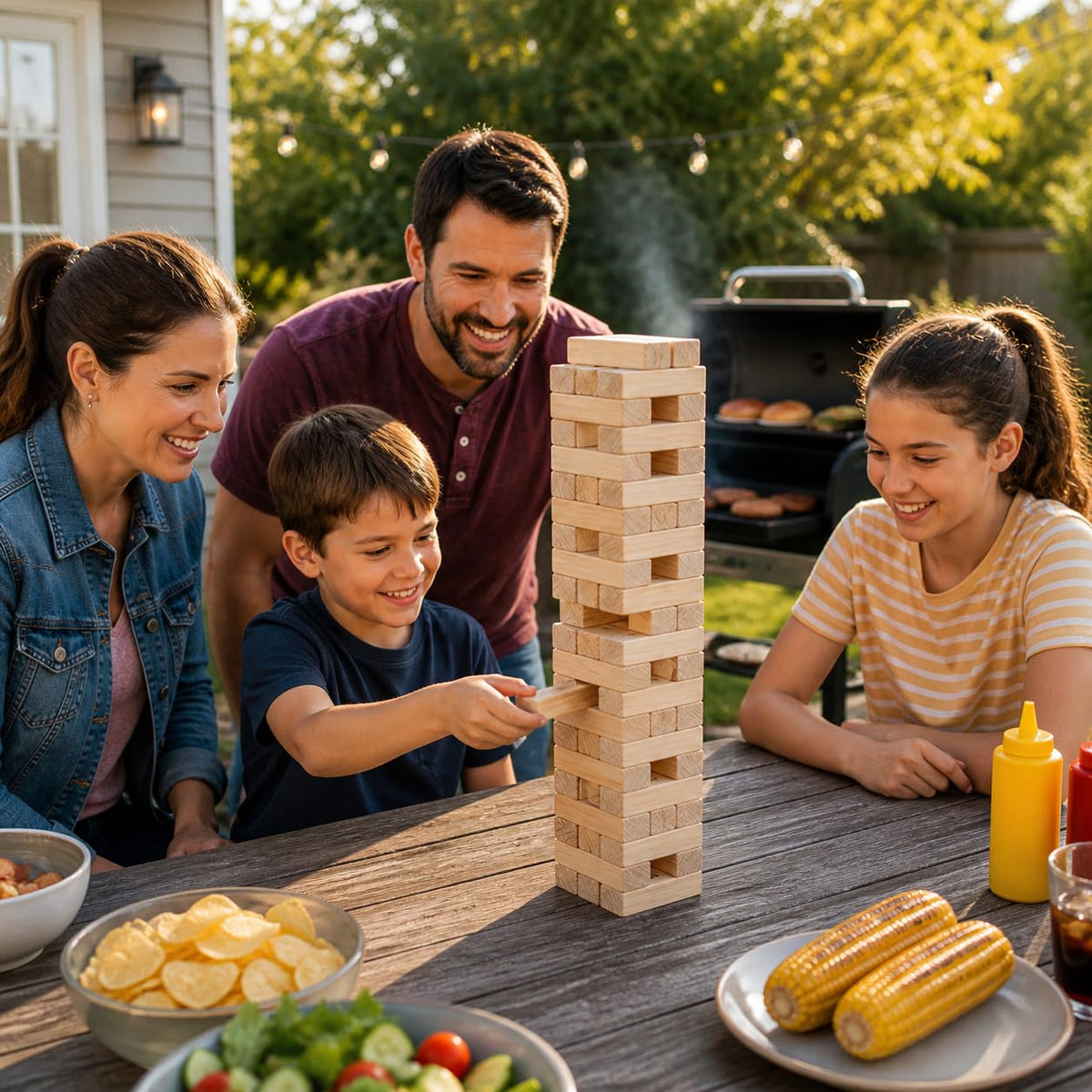 Kids and adults play a tower game outdoors with Giantville blocks.