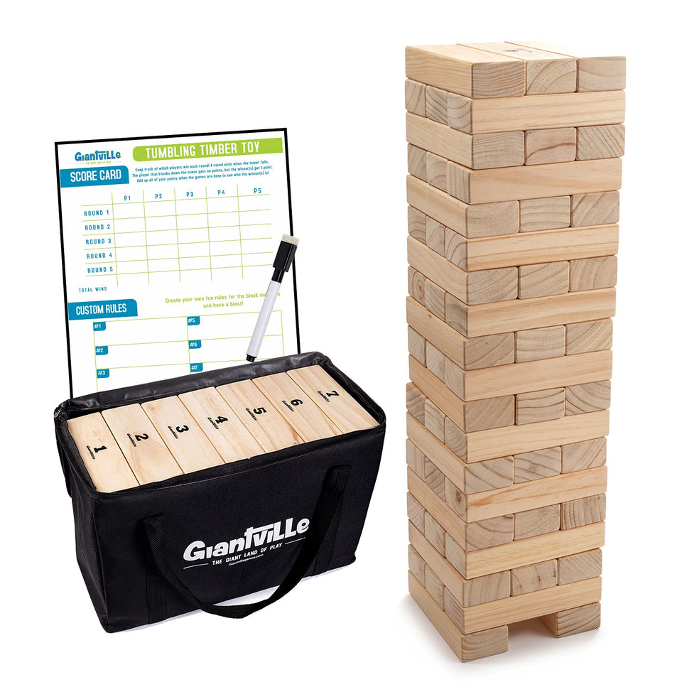 Giantville Giant Tumbling Timber Blocks setup for family play indoors or outdoors.