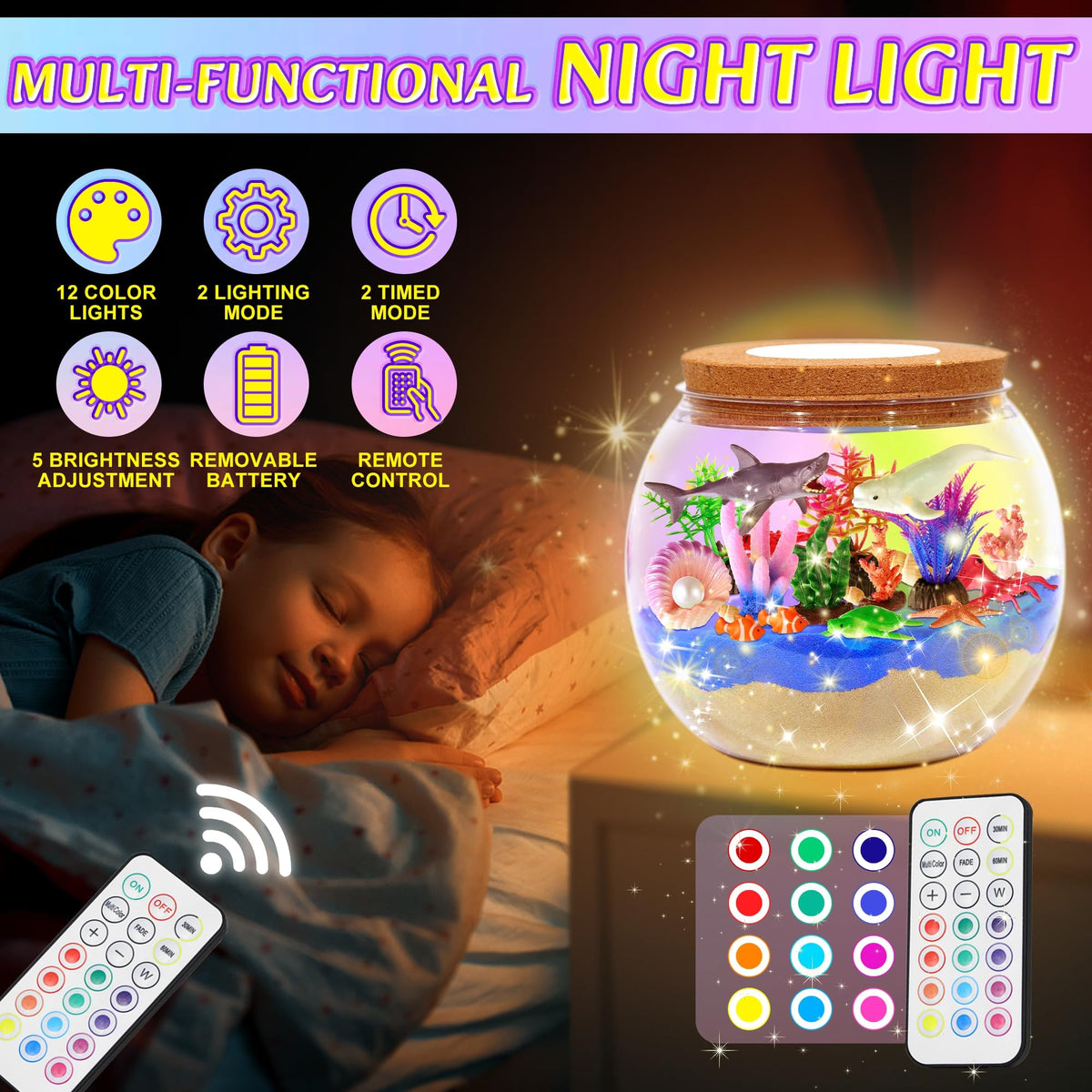 Gifmore Ocean Terrarium Kit remote lets kids choose colors for ambience.