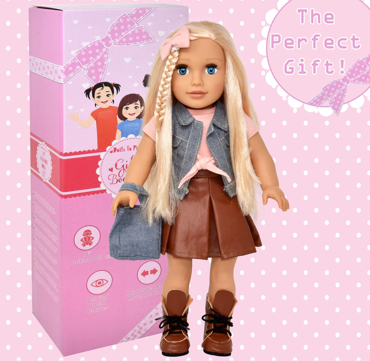 Gift Boutique 18-Inch doll leather boots complete a chic dress-up look