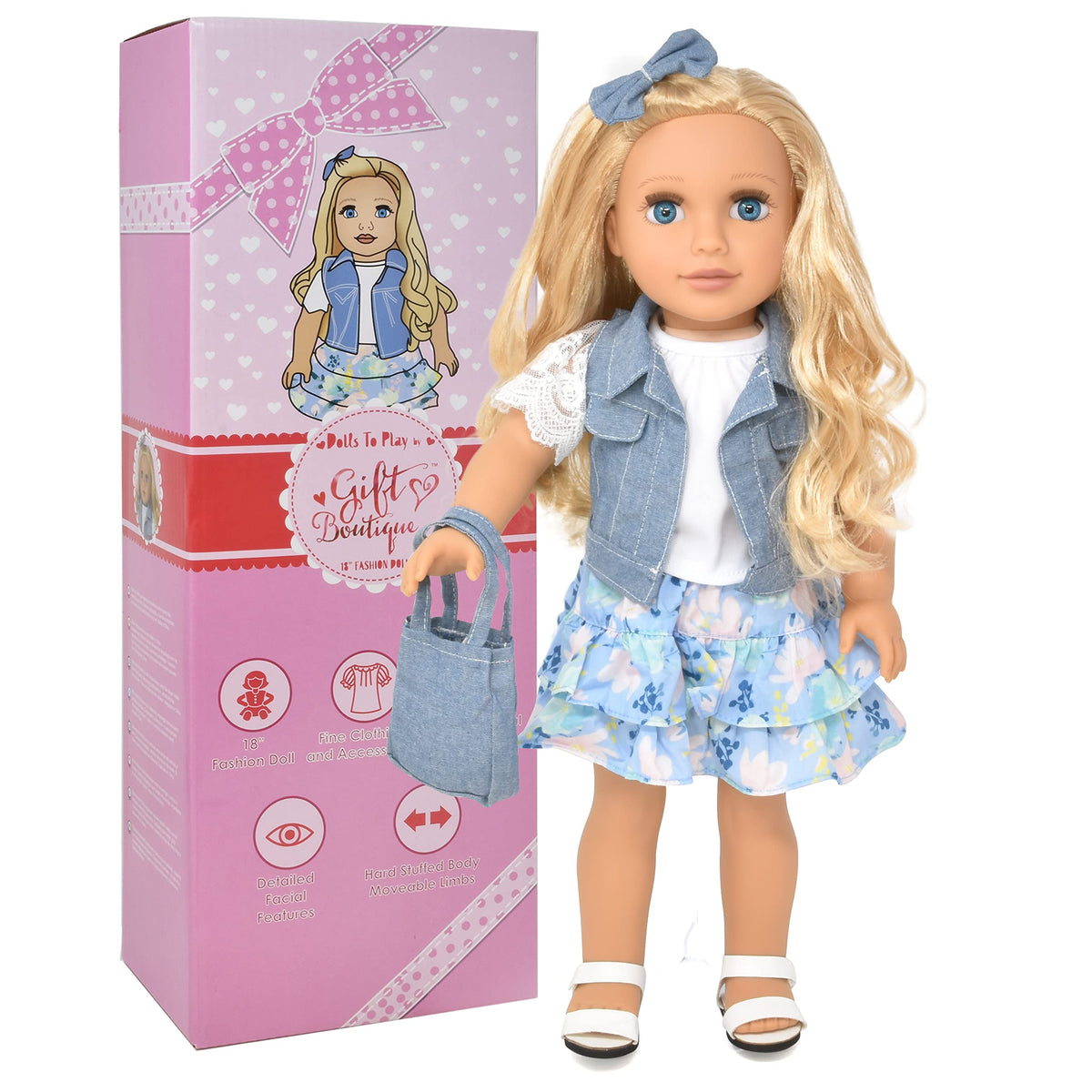 Gift Boutique 18-inch doll in white T-shirt with hair bow for styling