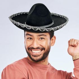 GiftExpress black mariachi sombrero with adjustable chin strap for all-day wear.
