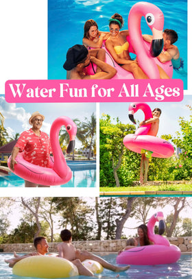 GiftExpress flamingo pool float used by kids and adults for lounging and play.