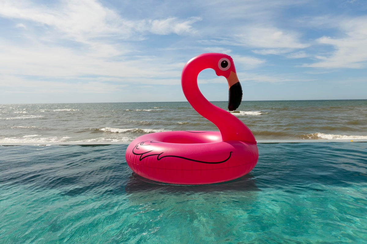 GiftExpress flamingo pool float packaging shown as a giftable set.