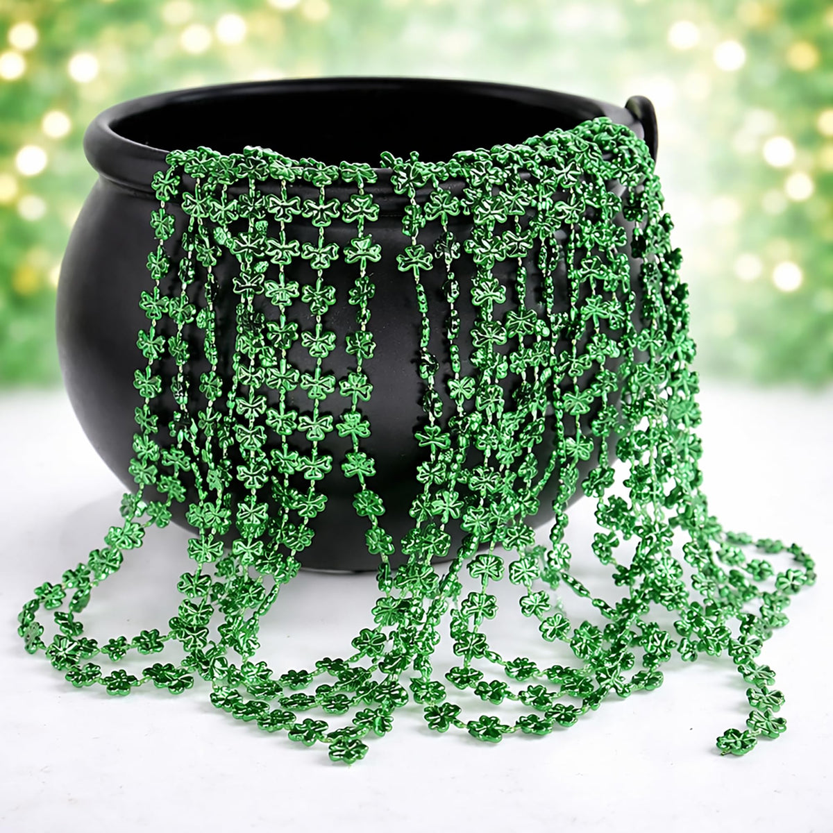 GiftExpress green shamrock beads 33in necklace close-up, durable plastic beads for long wear.
