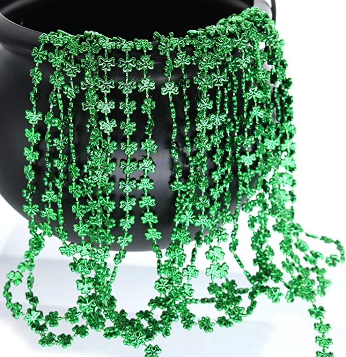 GiftExpress green shamrock beads 33in necklace on display, eye-catching metallic finish for celebrations.