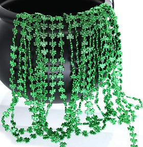 GiftExpress green shamrock beads 33in necklace on display, eye-catching metallic finish for celebrations.