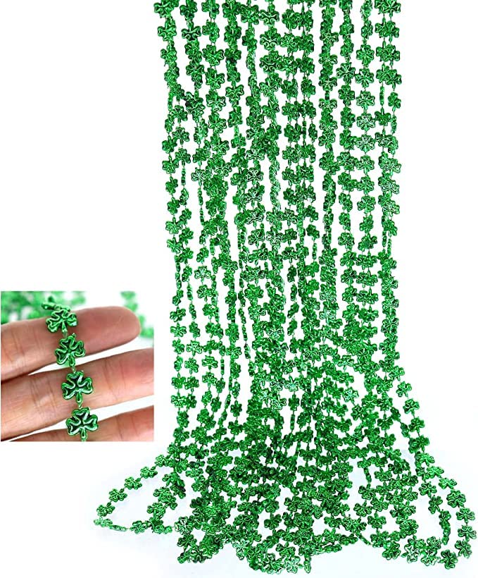 GiftExpress green shamrock beads 33in necklace front view, perfect for St Patrick's Day styling.