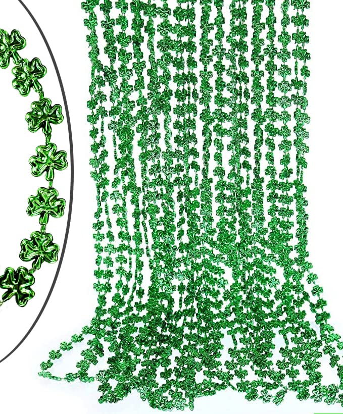 GiftExpress green shamrock beads 33in necklace side view, ideal bulk party favors.