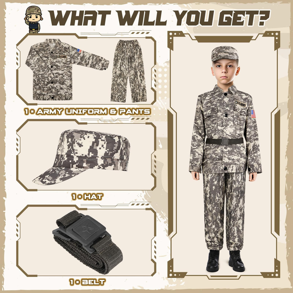 GIFTINBOX army costume back view, realistic camouflage pattern for immersive role-play.