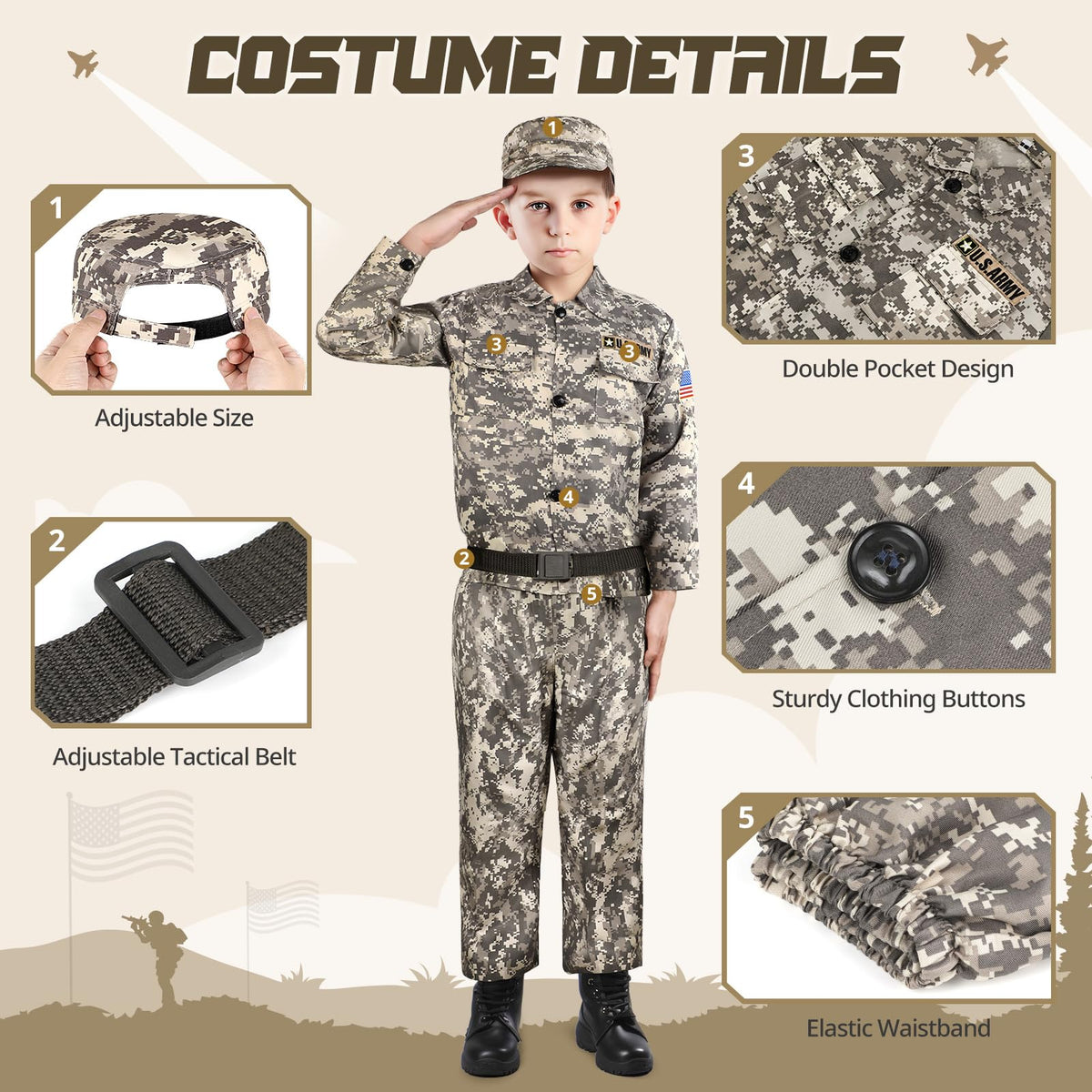 GIFTINBOX Army Costume desert camouflage pants, durable for active dress-up.