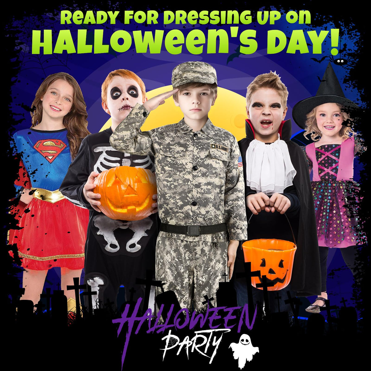 GIFTINBOX army costume front view, ready for Halloween or school dress-up events.