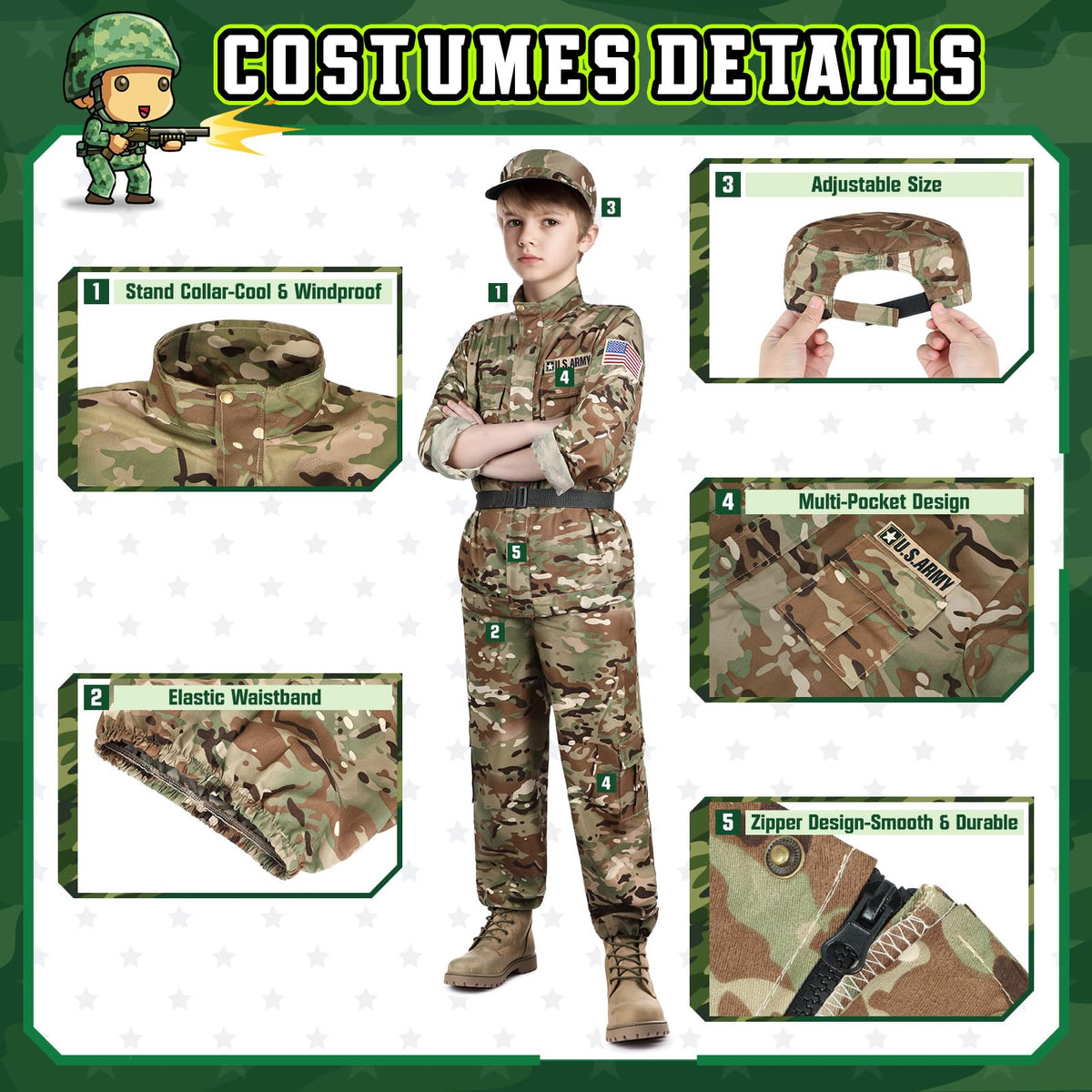 Giftinbox army costume pants with durable fabric for long pretend adventures