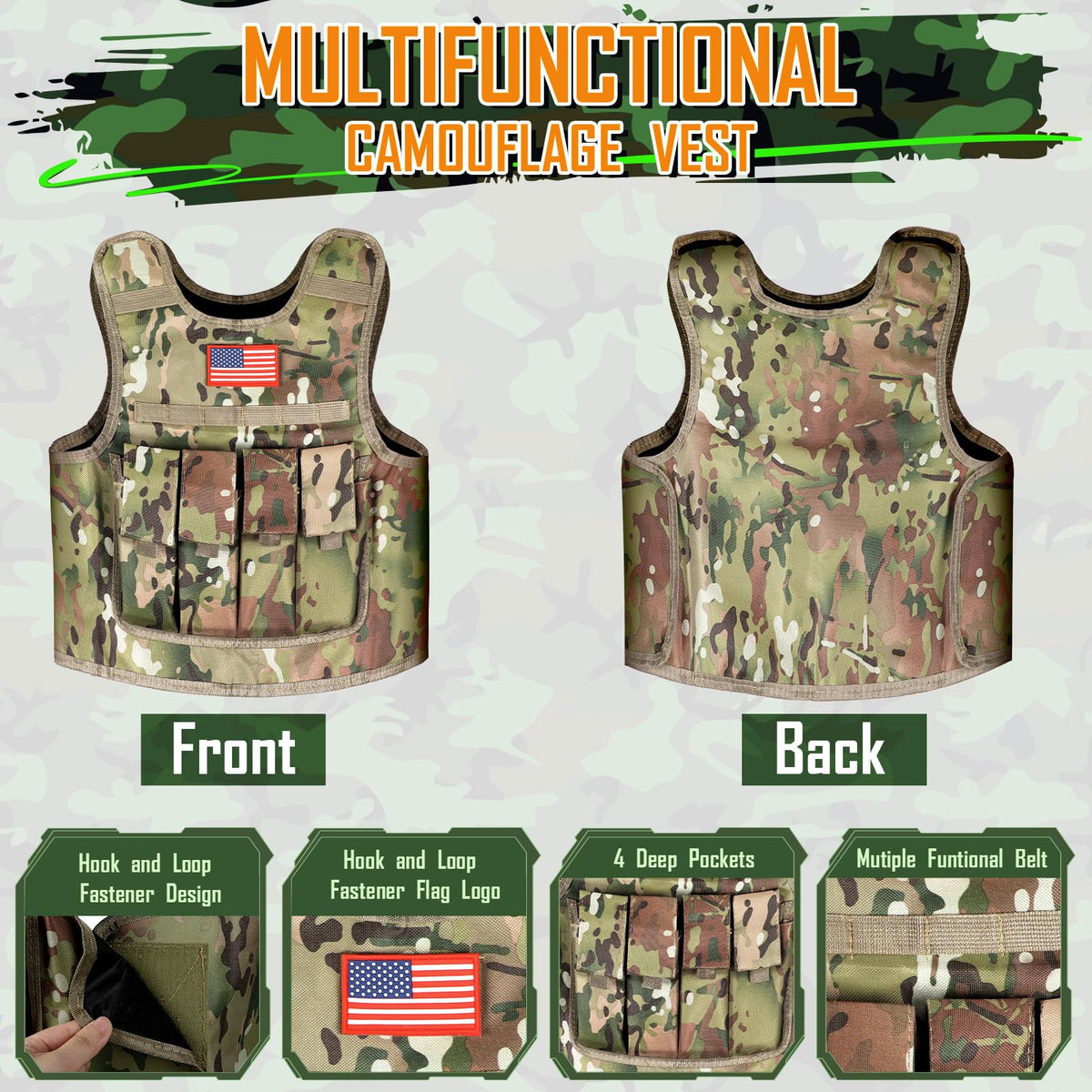 Giftinbox army costume vest features multiple pockets for easy gear storage.