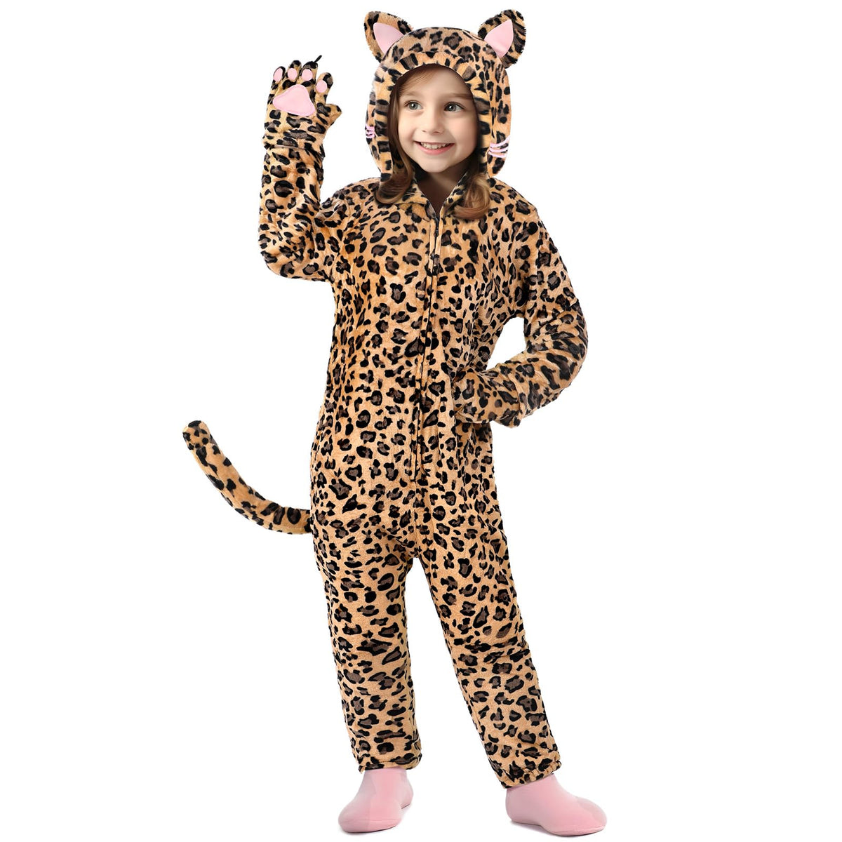 Giftinbox leopard onesie hood displays a cozy all-in-one costume for imaginative play