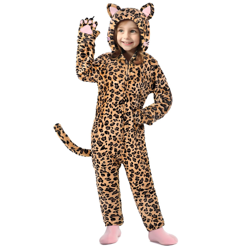 Giftinbox leopard onesie hood displays a cozy all-in-one costume for imaginative play