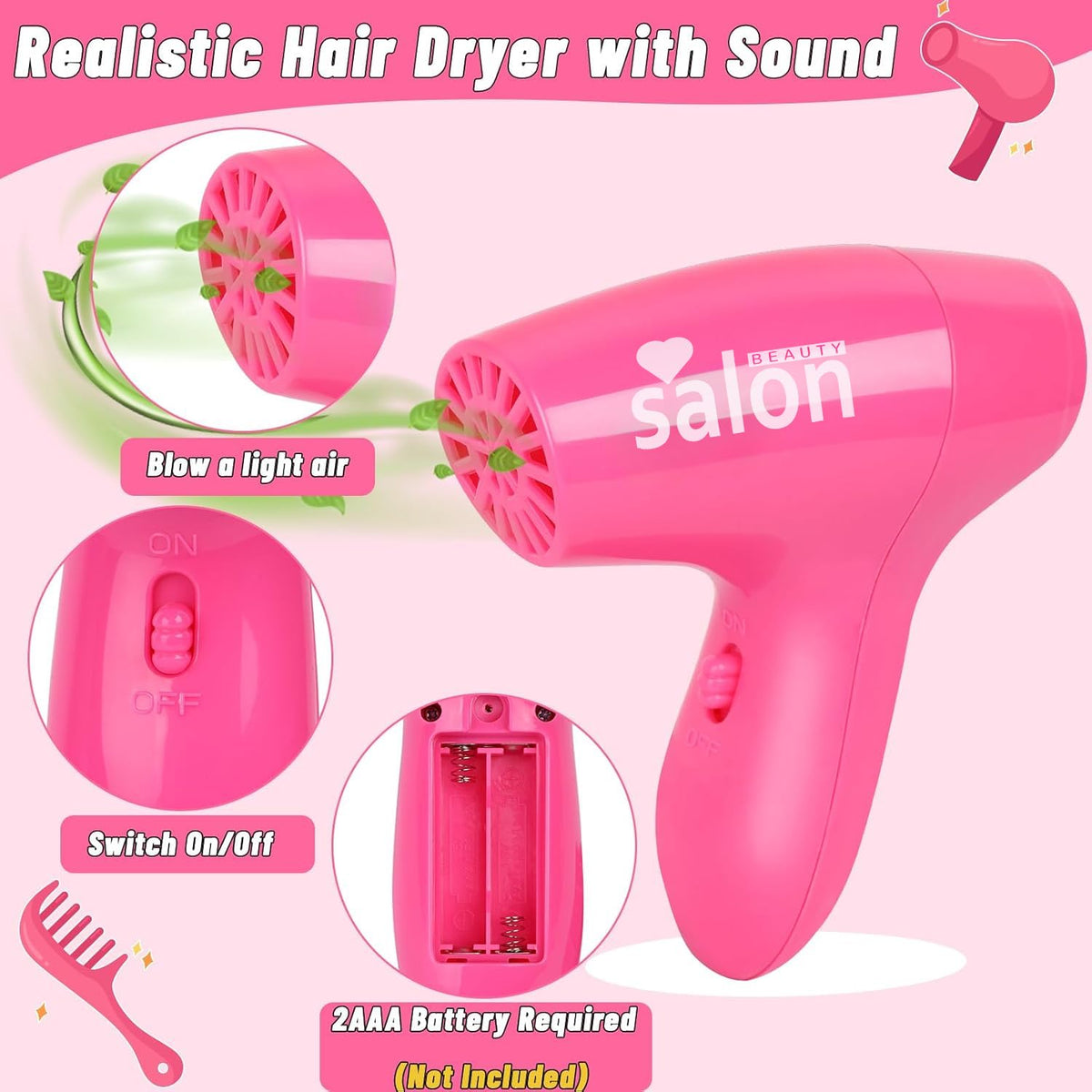 Gifts2U realistic hair dryer with sound enhances pretend styling experiences