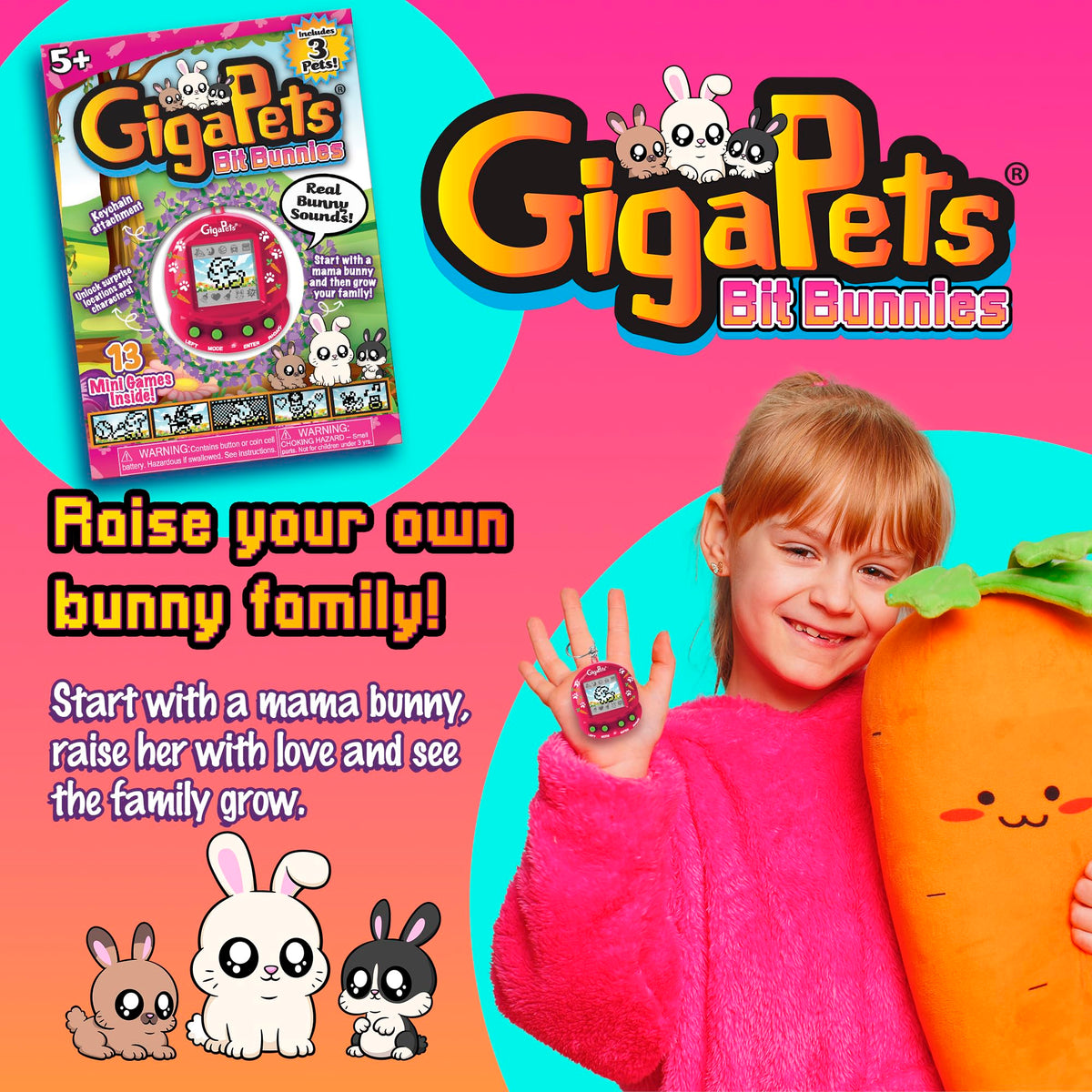 Giga Pets Bit Bunnies evolutions display showing baby to adult growth