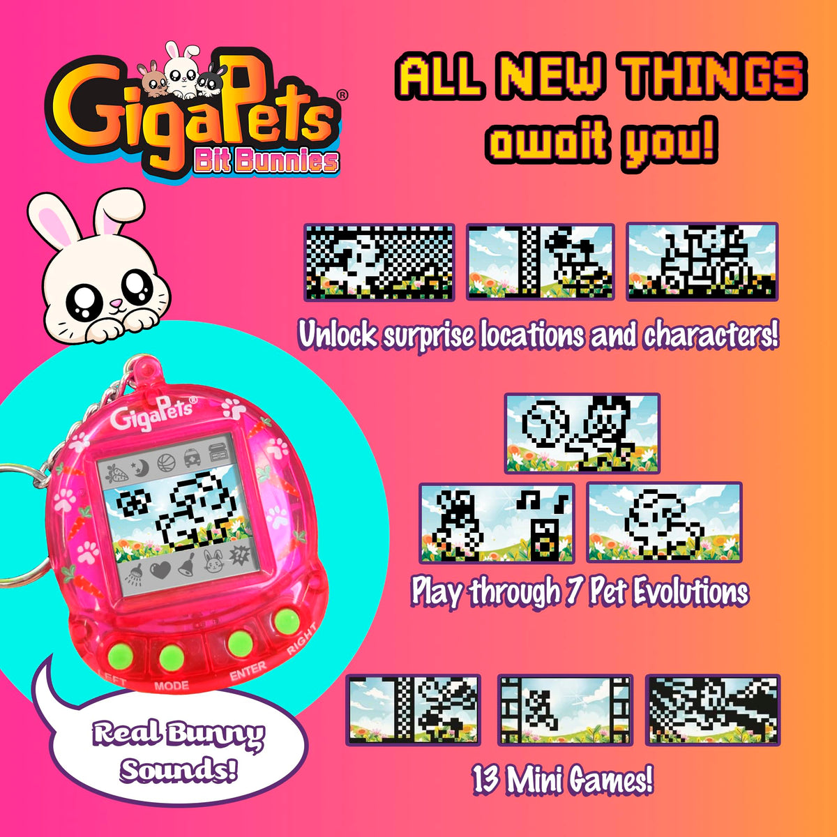 Giga Pets Bit Bunnies keychain portable design for travel play