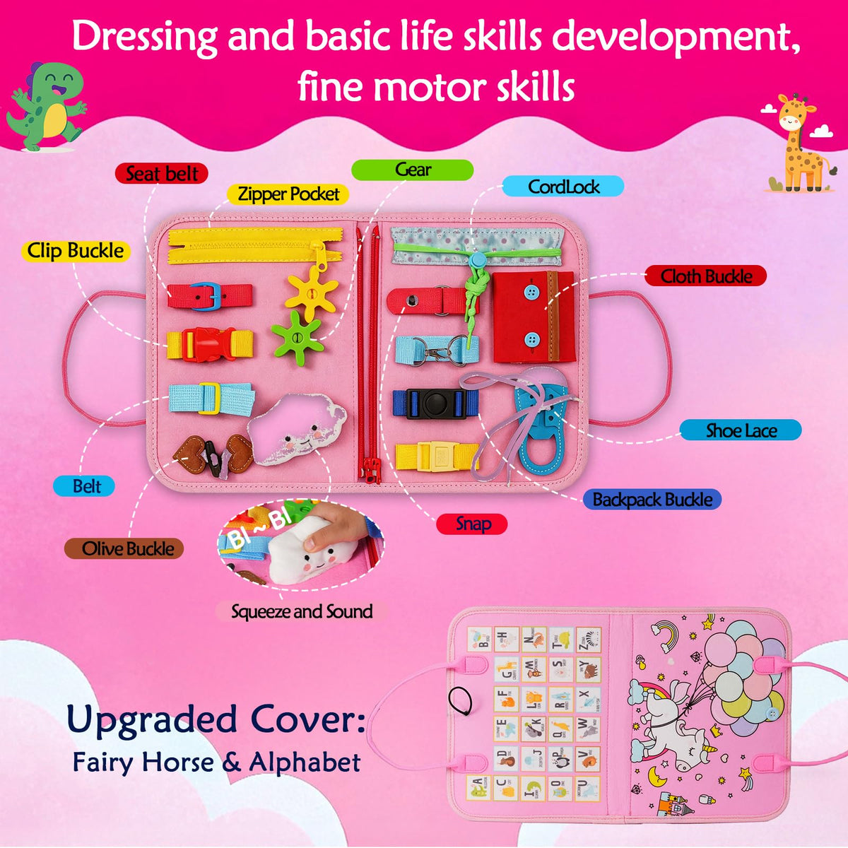 GiggleCraft Busy Board buckles strengthen fingers for independent dressing.