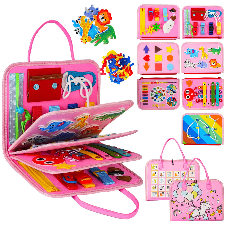 GiggleCraft Busy Board zippers for on-the-go fine motor practice.
