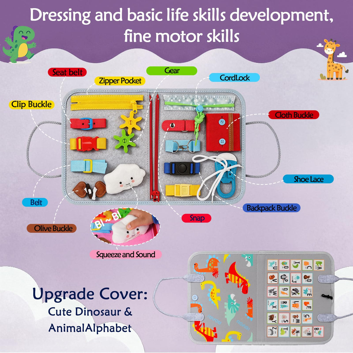 GiggleCraft Busy Board buckles boost fine motor practice through real-life fastening activities.