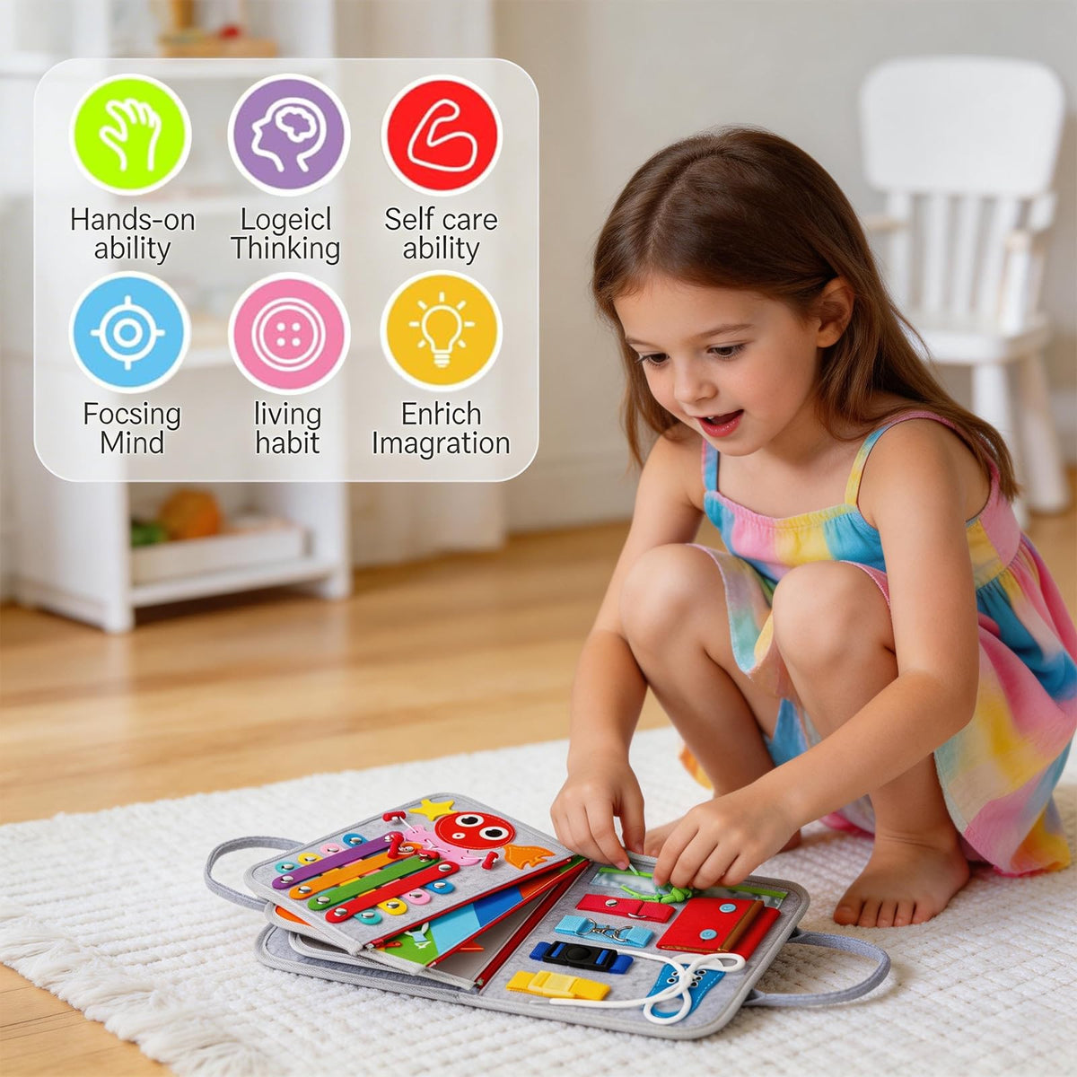 GiggleCraft Busy Board zippers encourage hand-eye coordination and independent zipping.