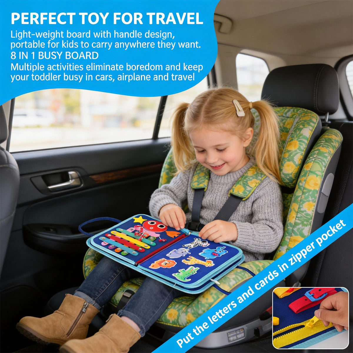 GiggleCraft Travel-Friendly Busy Board keeps little hands busy during car trips or planes.