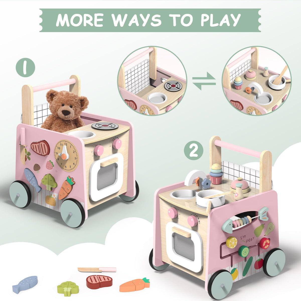 GiggleGems wooden baby walker 4-in-1 side view highlights dual push walker roles