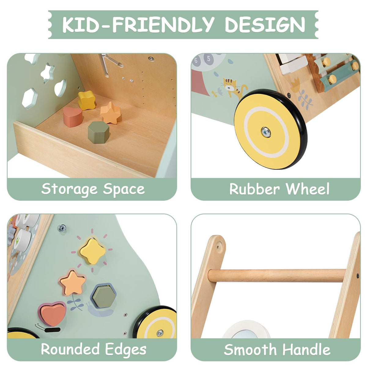 GiggleGems wooden walker bead maze and mirror promote exploration and hand eye coordination during play.