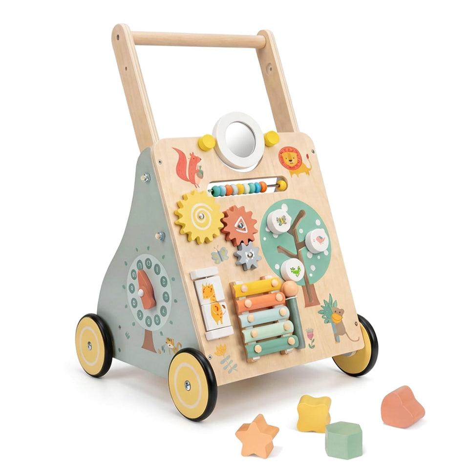 GiggleGems wooden baby walker front view demonstrates sturdy build for safe early steps.