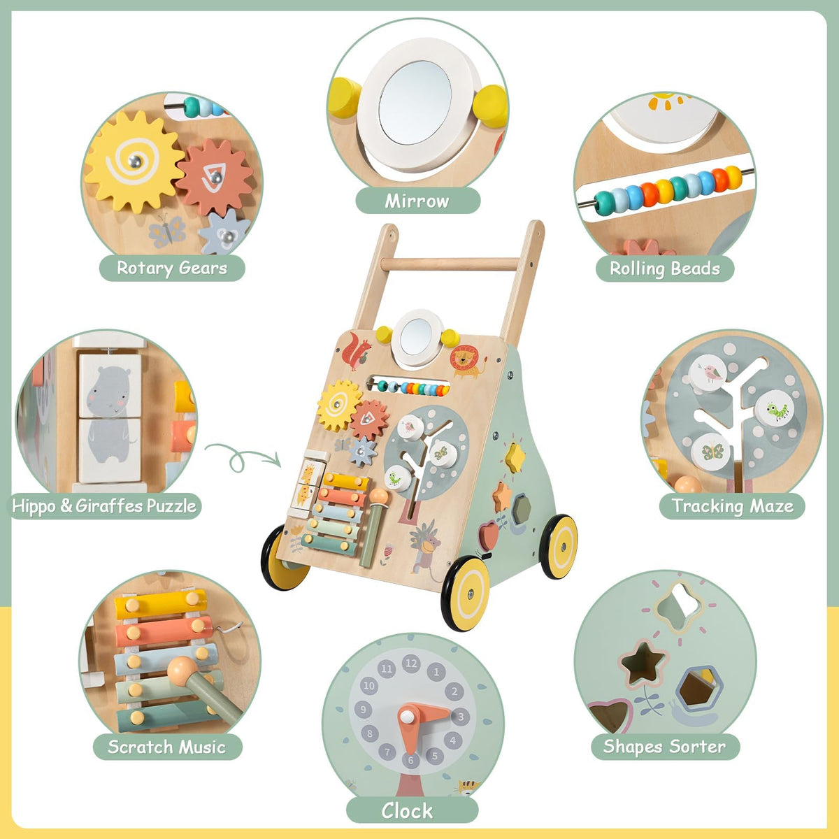 GiggleGems wooden baby walker side panel with activities supports interactive play and motor skills.