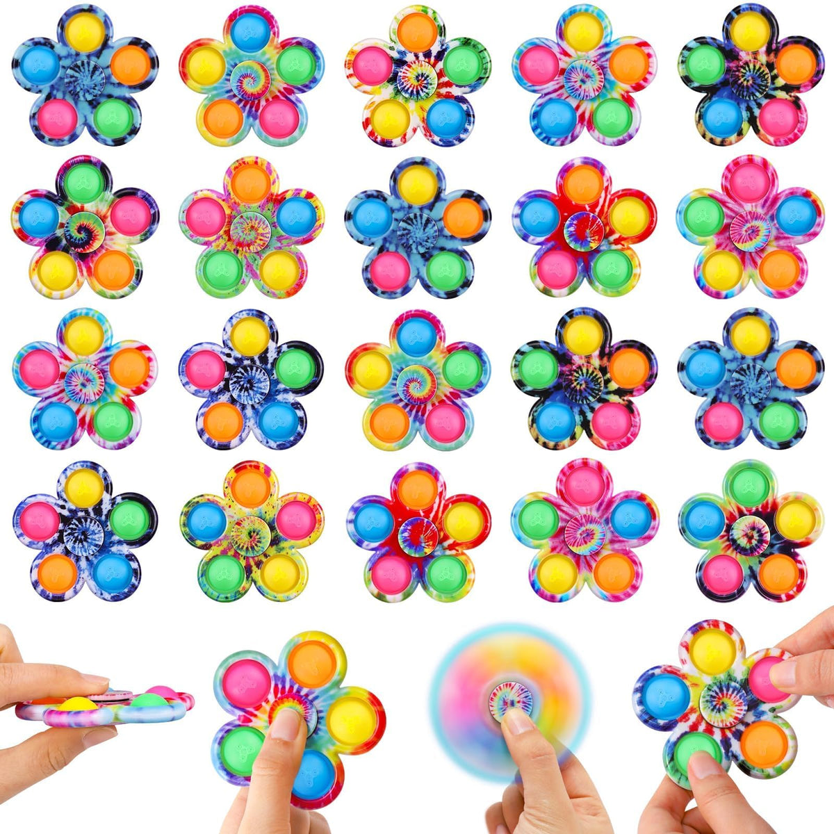 Gigilli 24pc pop fidget spinner pack with tie-dye colors for classroom prizes.