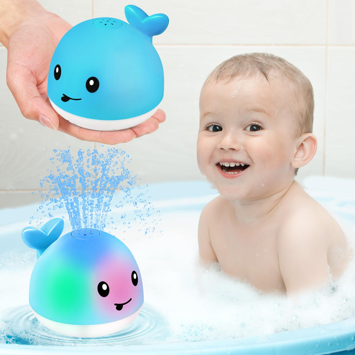 Gigilli baby whale bath toy with ocean blue sprays for bath time fun