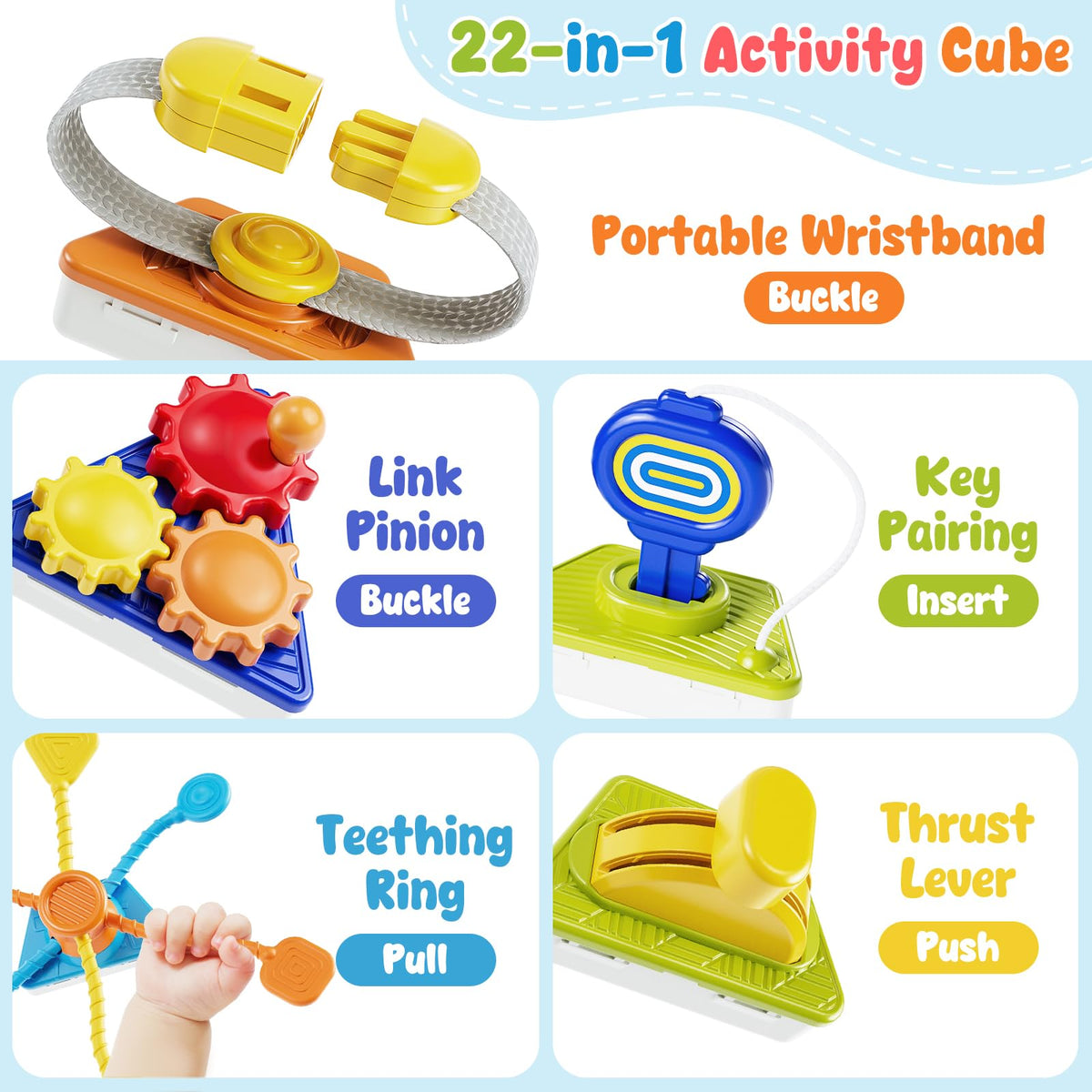Gigilli busy cube buttons area promotes fine motor control and responsive play.
