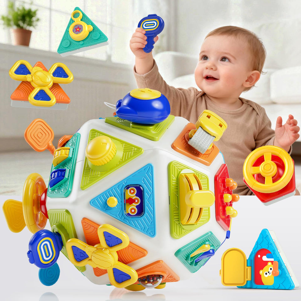 Gigilli busy cube spinner boosts finger dexterity and sensorimotor play.