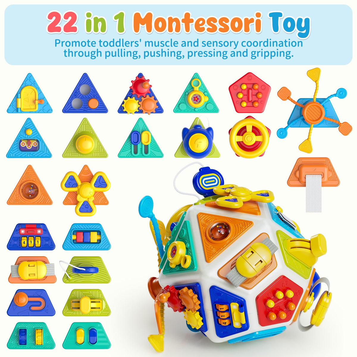 Gigilli busy cube steering wheel encourages cause-and-effect exploration during pretend play.