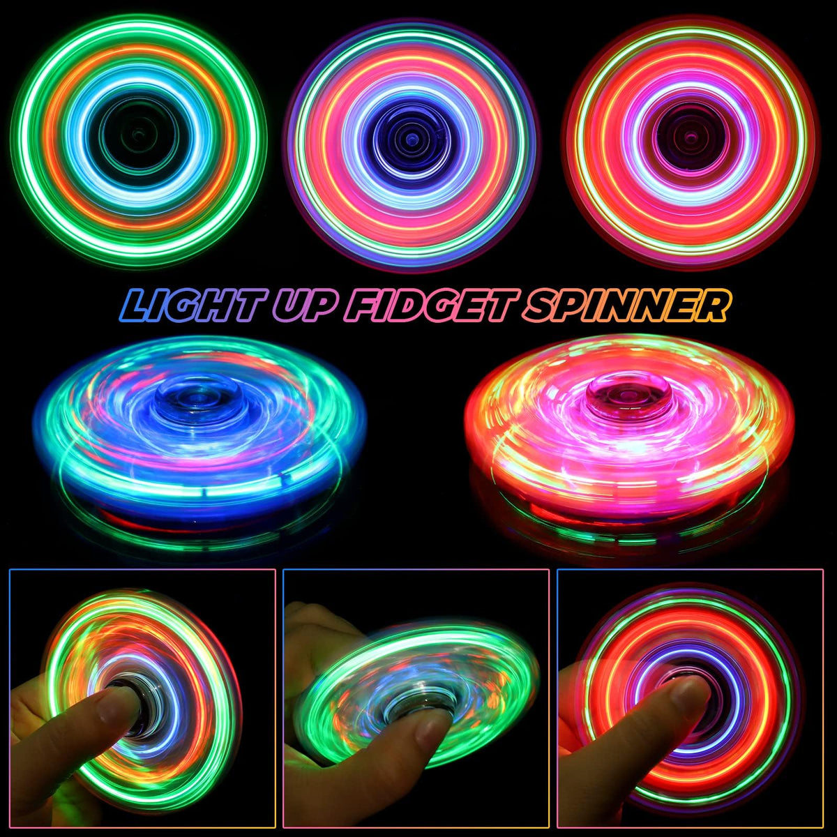 Gigilli LED-mode spinner for kids, press to switch patterns and enjoy bright lighting.