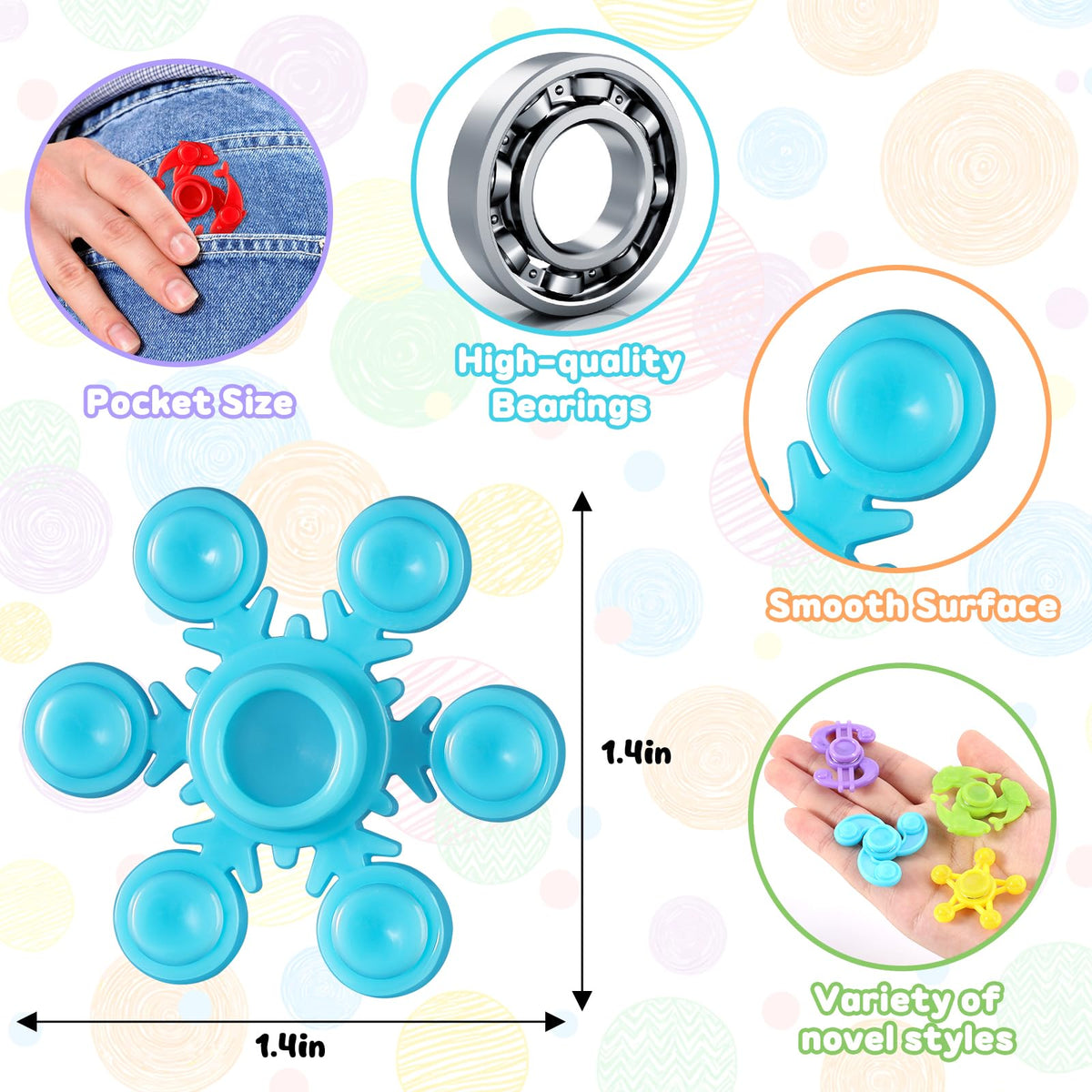 Gigilli rainbow-colored mini spinners show lively motion for calm, focused breaks.